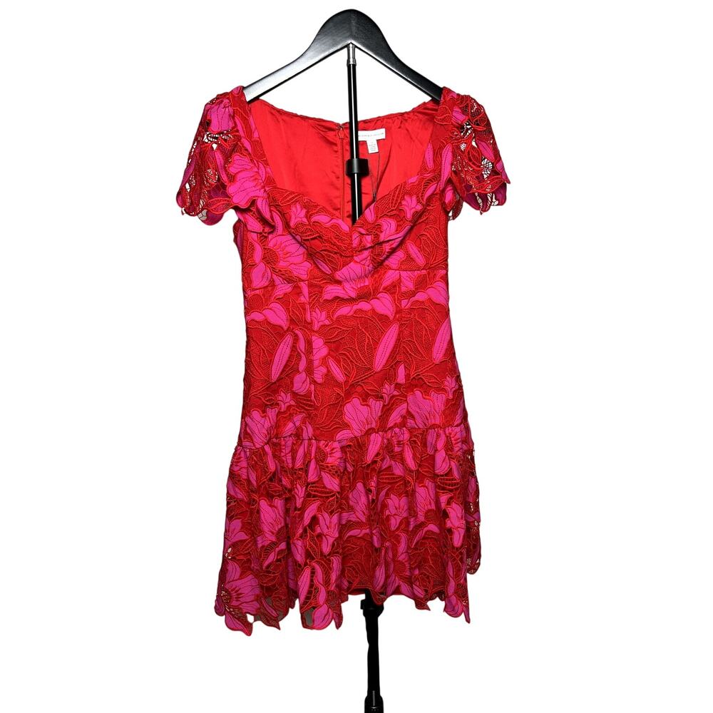 Monique Lhuillier Red & Pink Floral Lace Mini Dress – Size 2 (NWT)